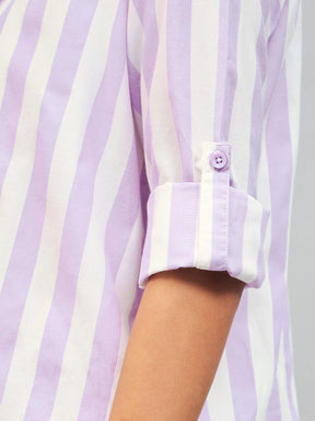 Purple & White Cotton Striped Regular Shirt-SASSAFRAS