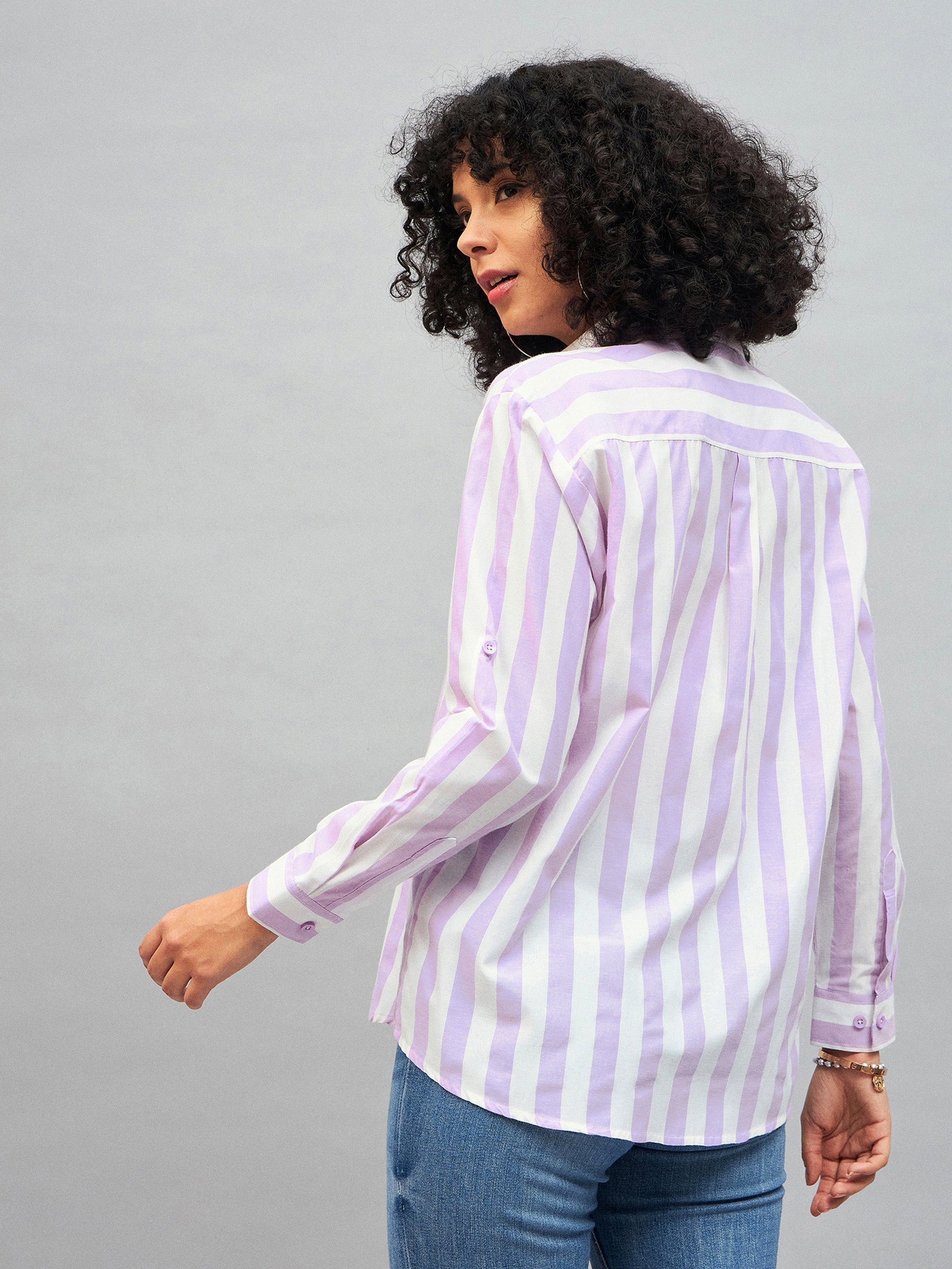 Purple & White Cotton Striped Regular Shirt-SASSAFRAS