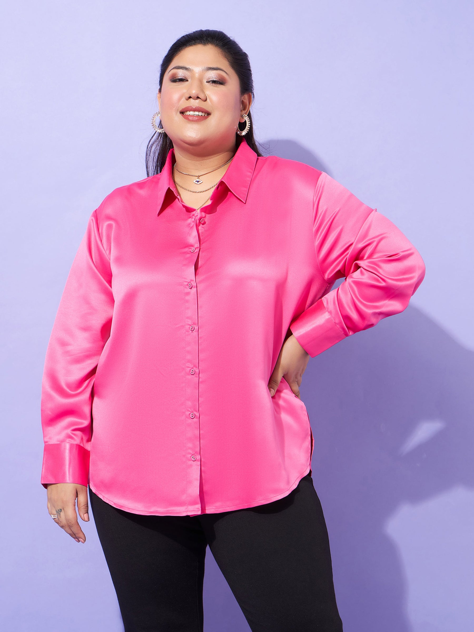 Pink Regular Satin Shirt-SASSAFRAS Curve