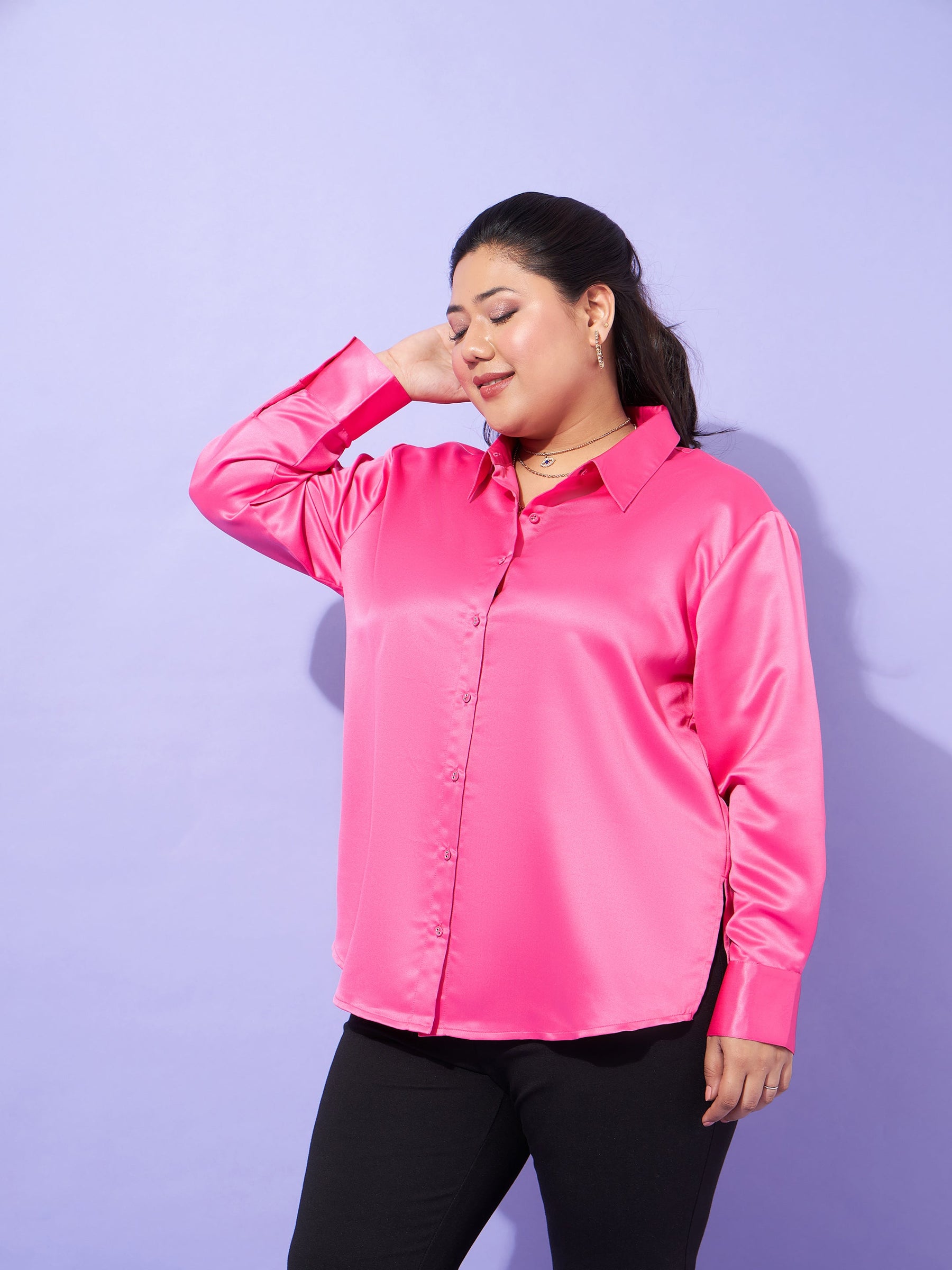 Pink Regular Satin Shirt-SASSAFRAS Curve