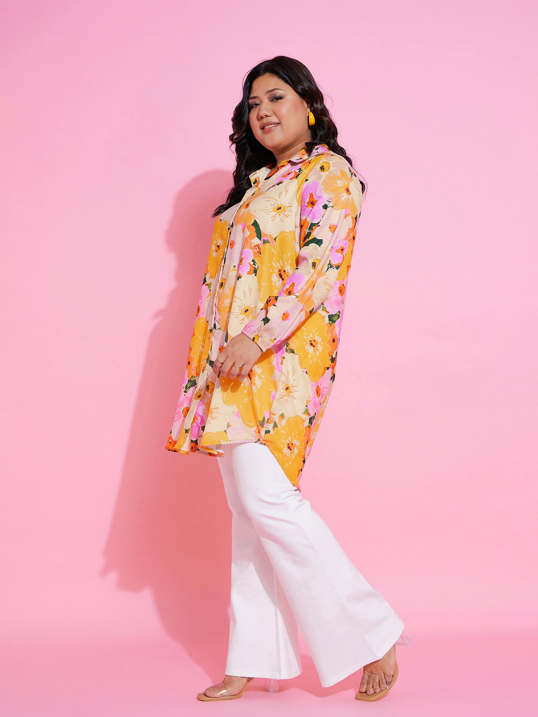 Orange Floral Printed Longline Shirt-SASSAFRAS Curve