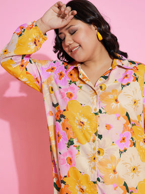 Orange Floral Printed Longline Shirt-SASSAFRAS Curve