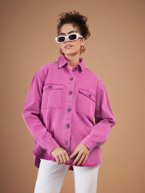 Pink Washed Denim Shacket-SASSAFRAS