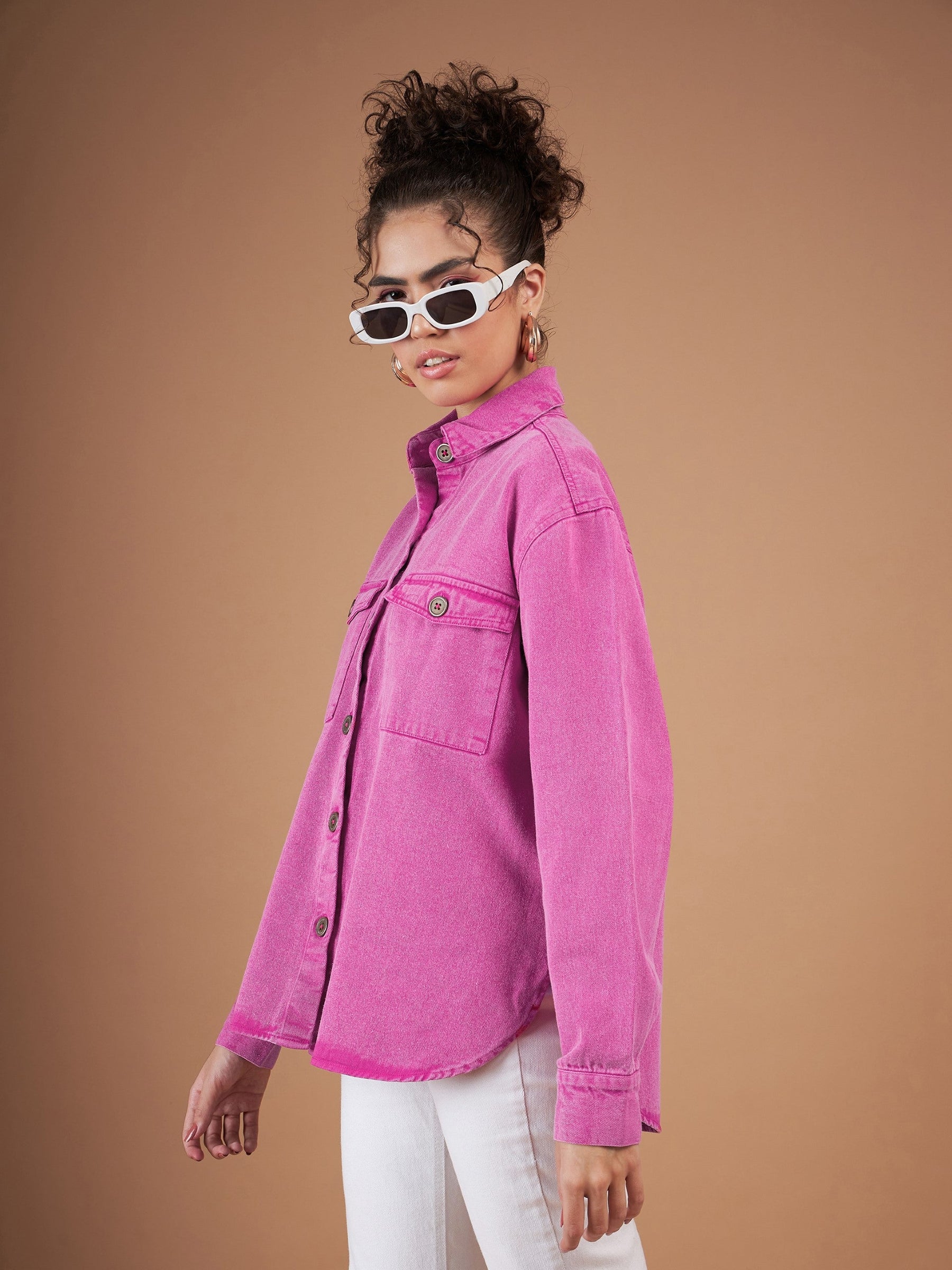 Pink Washed Denim Shacket-SASSAFRAS