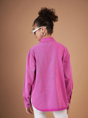 Pink Washed Denim Shacket-SASSAFRAS