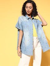 Women Ice-Blue Denim Multicolour Paint Boxy Shirt-Shirts-SASSAFRAS