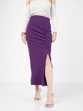 Purple Rib Front Ruched Midi Skirt-SASSAFRAS