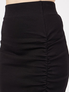 Black Rib Front Ruched Midi Skirt-SASSAFRAS