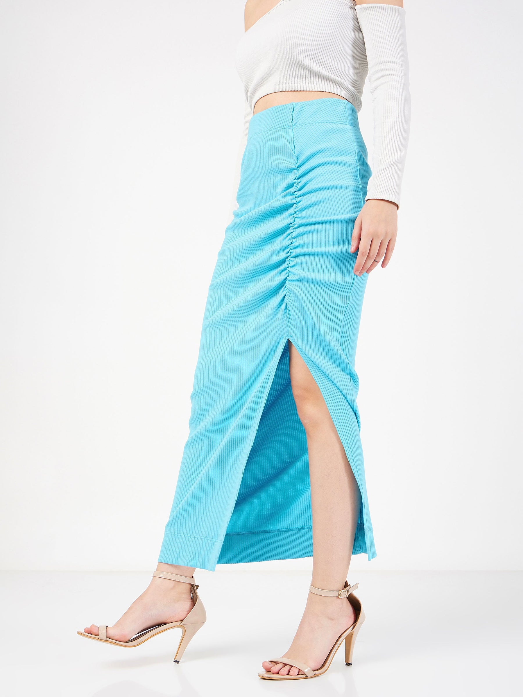 Turquoise Rib Front Ruched Midi Skirt-SASSAFRAS
