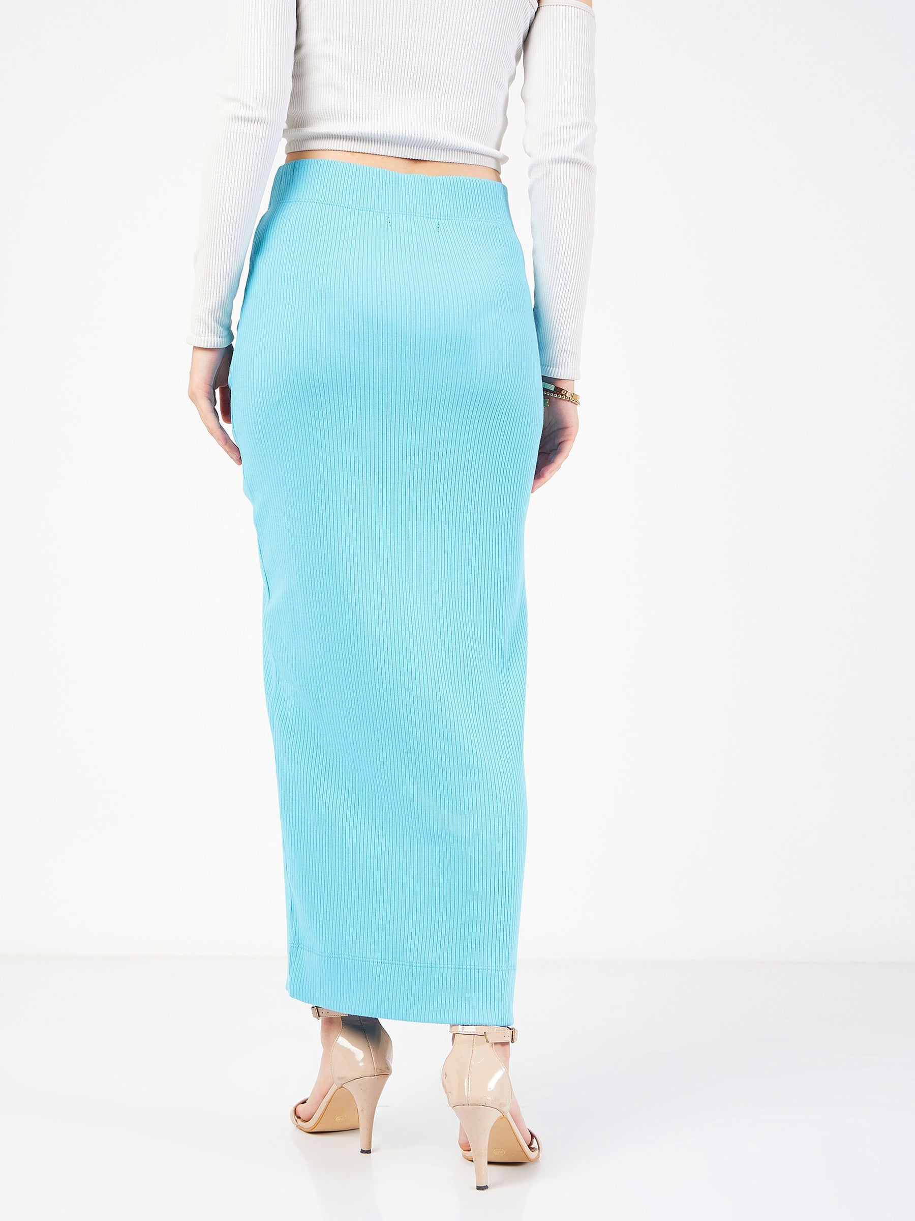 Turquoise Rib Front Ruched Midi Skirt-SASSAFRAS