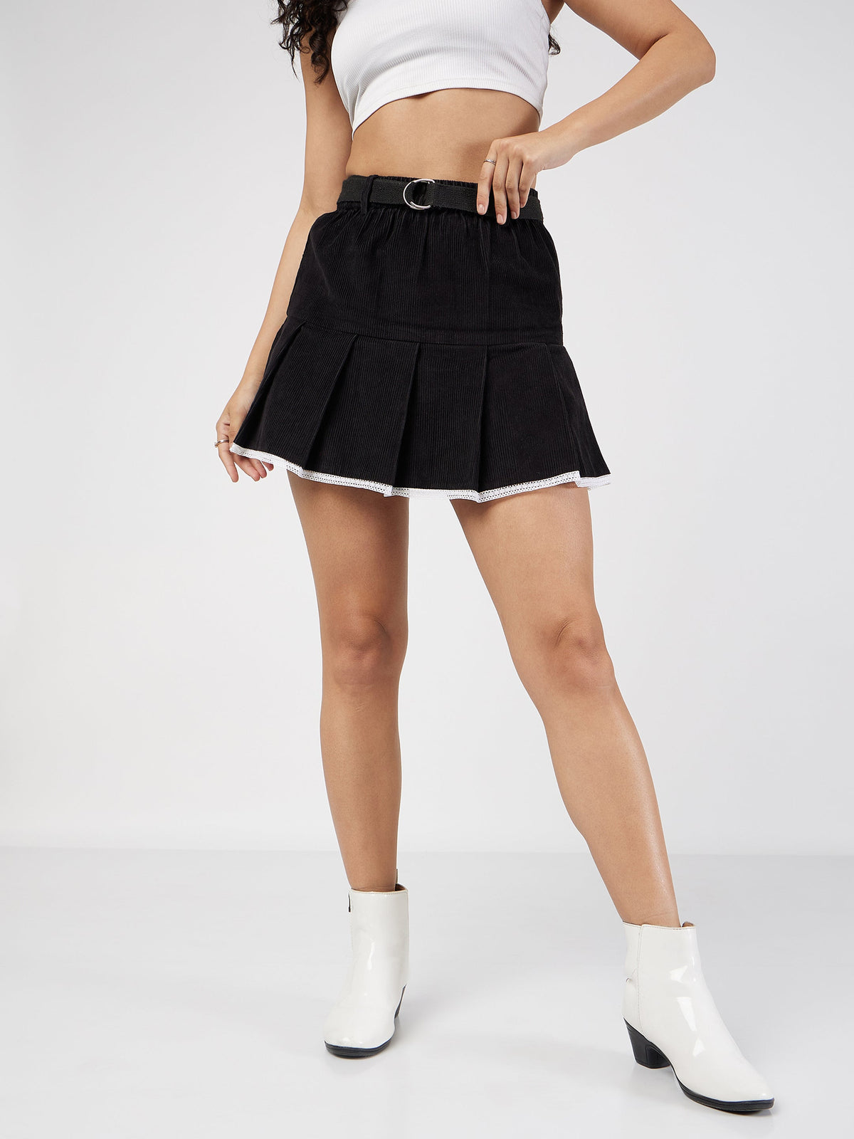 Black Corduroy Pleated Mini Skirt-SASSAFRAS