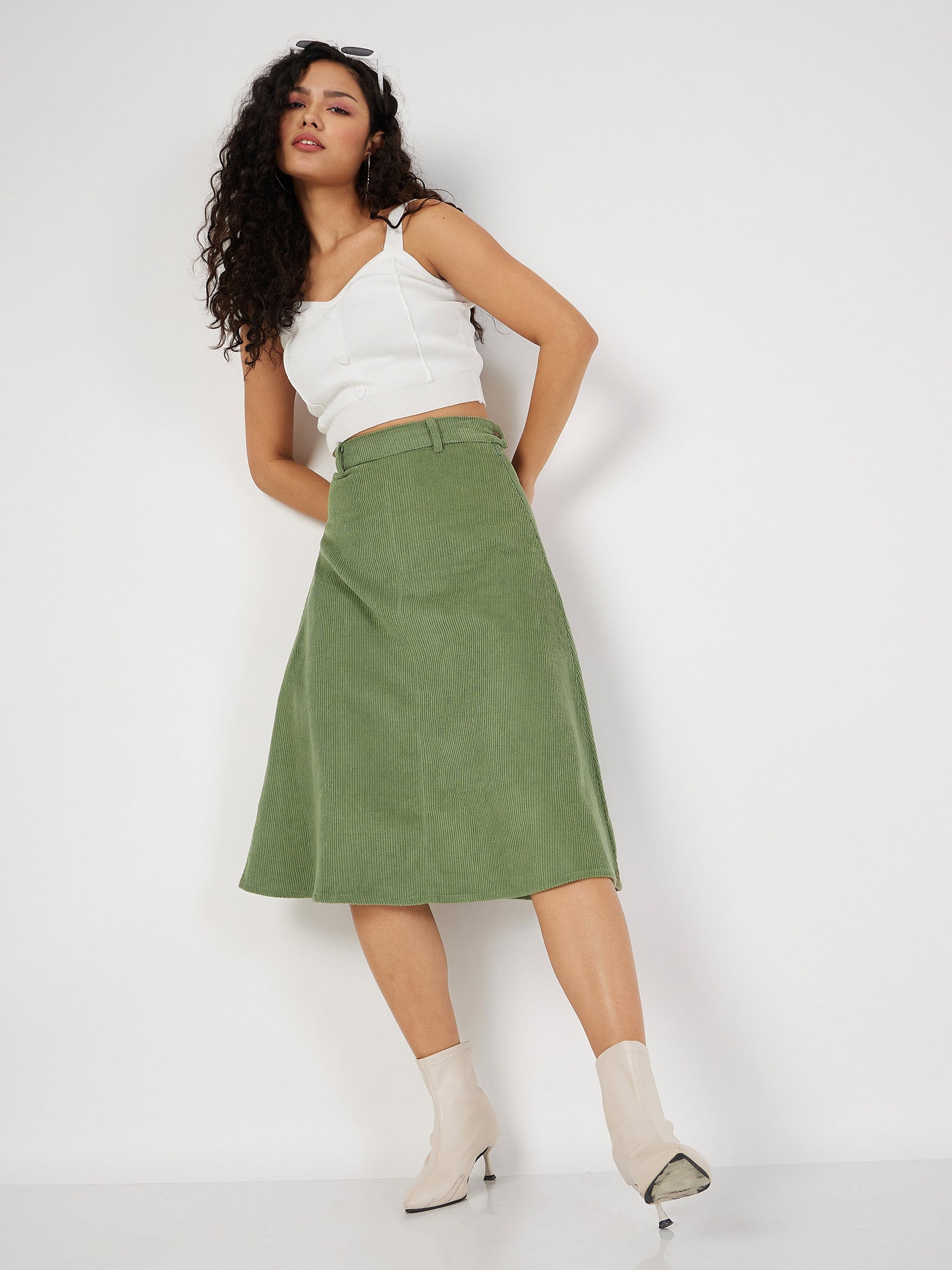 Olive Corduroy A-Line Midi Skirt-SASSAFRAS