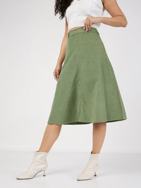 Olive Corduroy A-Line Midi Skirt-SASSAFRAS