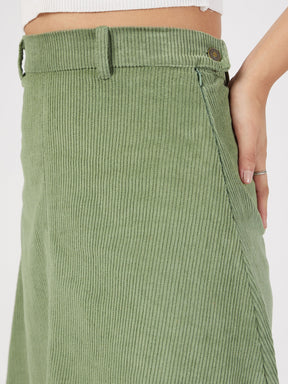 Olive Corduroy A-Line Midi Skirt-SASSAFRAS