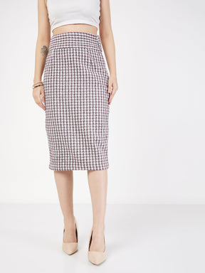 Burgundy Geometrical Jacquard Tweed Pencil Skirt-SASSAFRAS