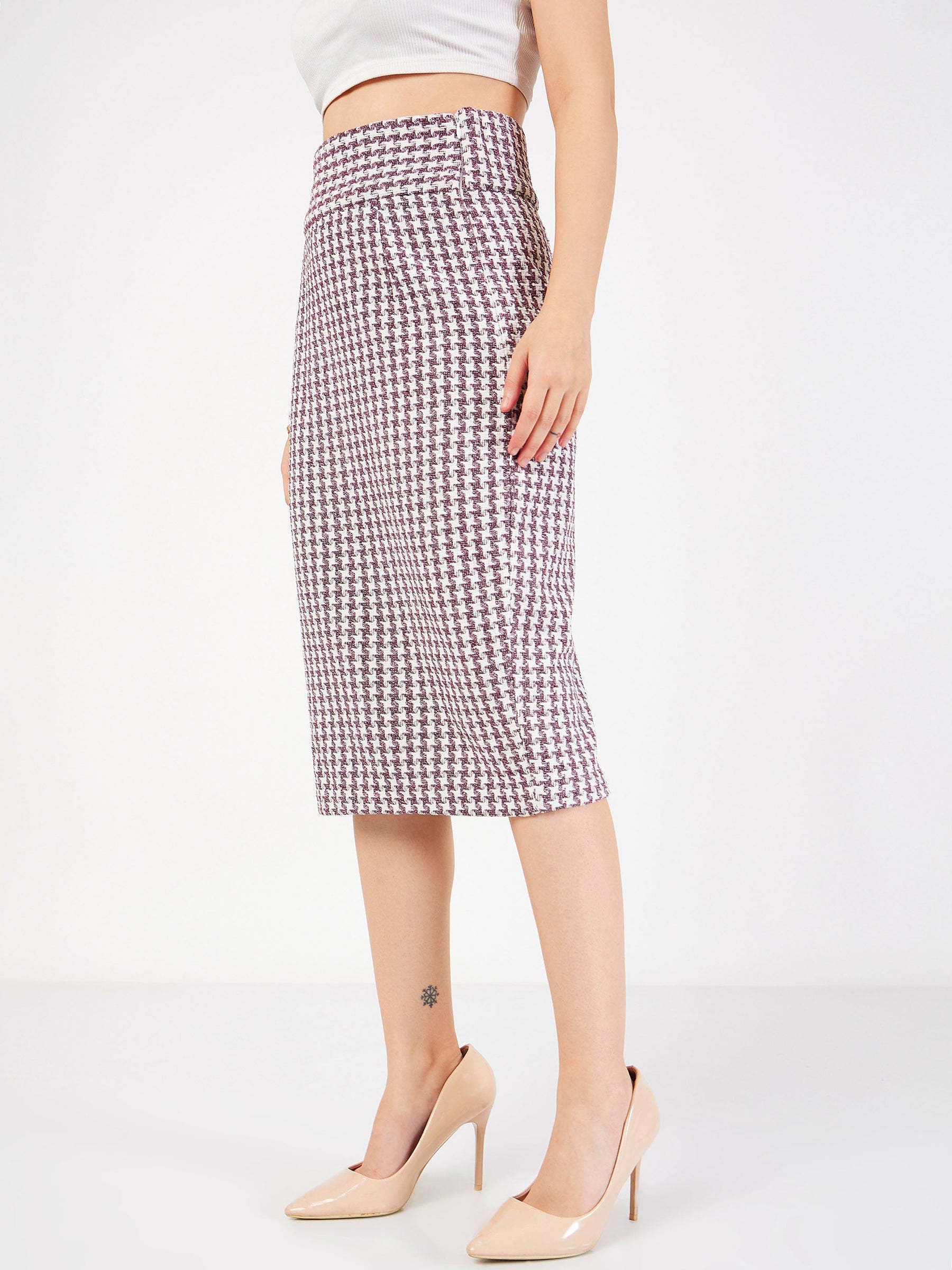 Burgundy Geometrical Jacquard Tweed Pencil Skirt-SASSAFRAS