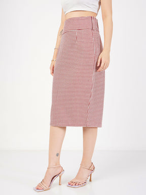 Red Houndstooth Jacquard Tweed Pencil Skirt-SASSAFRAS