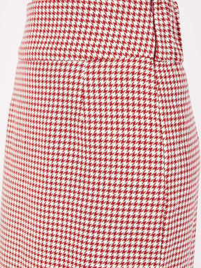 Red Houndstooth Jacquard Tweed Pencil Skirt-SASSAFRAS