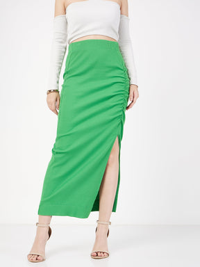 Green Rib Front Ruched Midi Skirt-SASSAFRAS