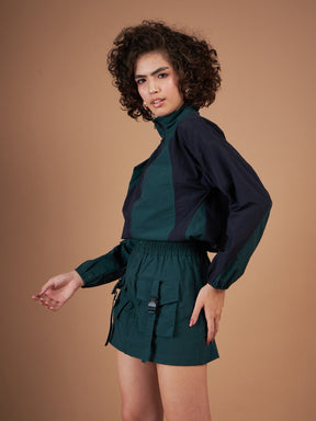 Green Front Zipper Parachute Mini Skirt-SASSAFRAS