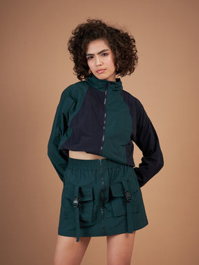 Green Front Zipper Parachute Mini Skirt-SASSAFRAS