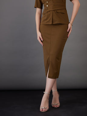 Brown Front Slit Midi Skirt -SASSAFRAS worklyf