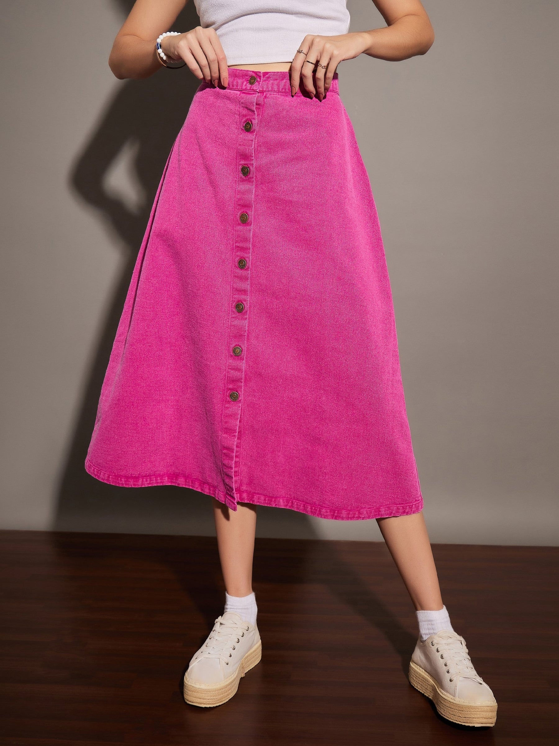 Women Pink Washed Denim A-Line Skirt