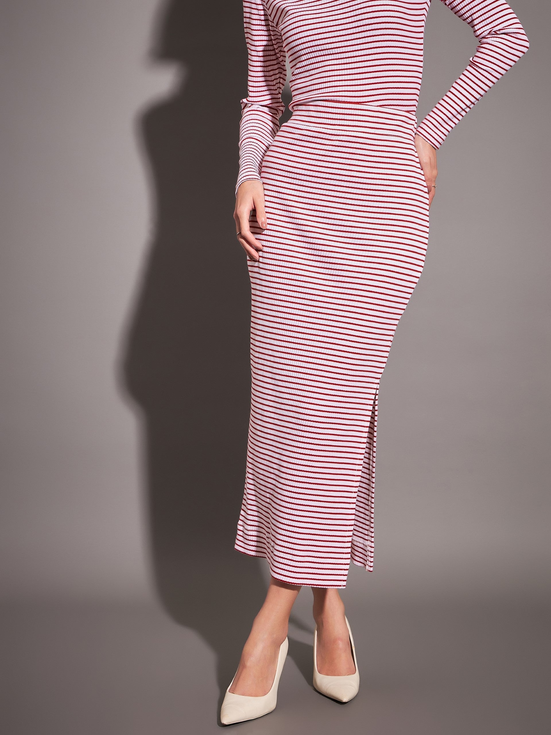 WILLFULLY　boa tulle stripe pencil SK willfully】boa tulle stripe pencil SK（Women Red & White