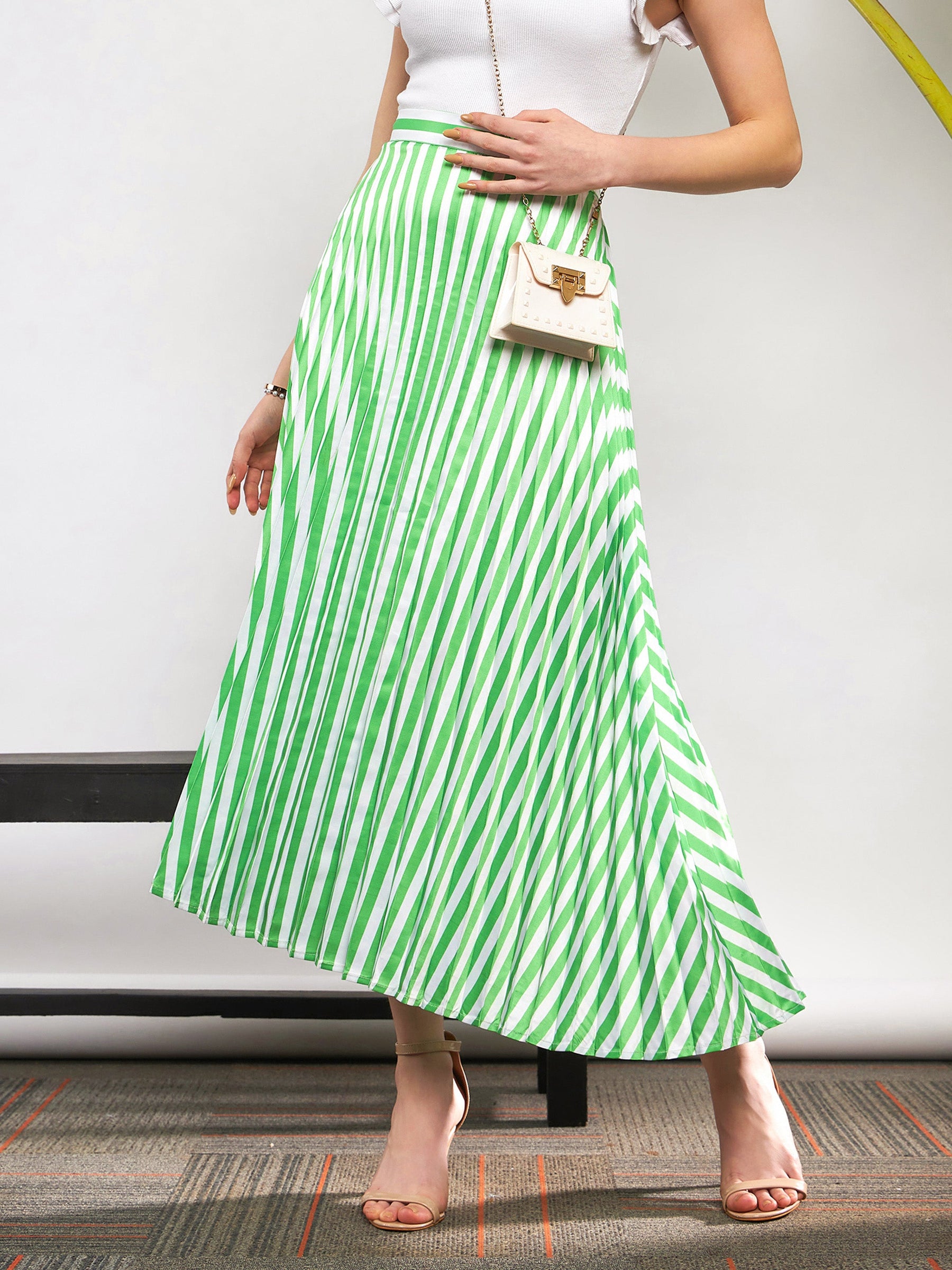 Buy Green White Satin Striped Accordion Pleated Maxi Skirt
