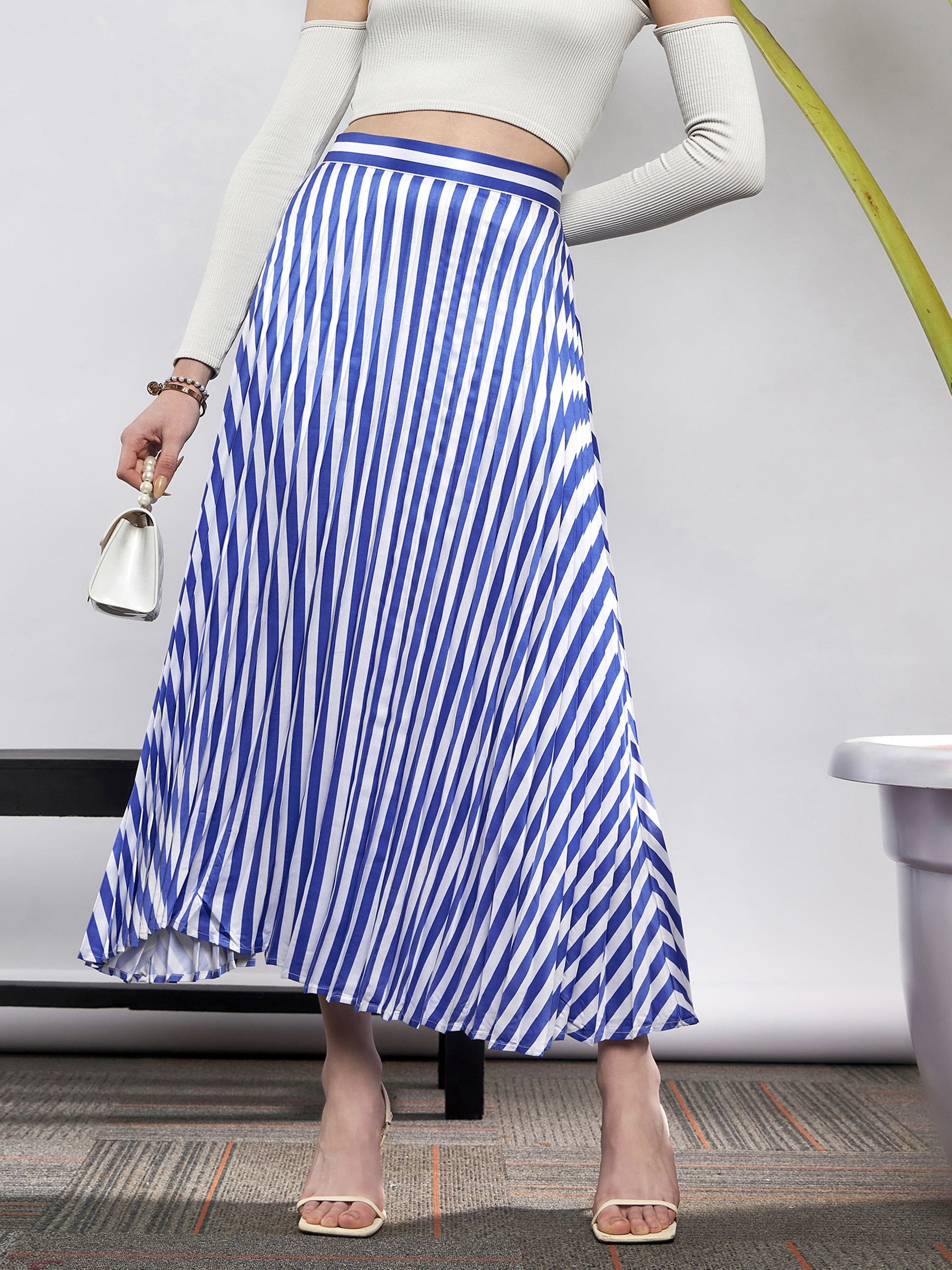 Women Blue White Satin Striped Accordion Pleated Maxi Skirt