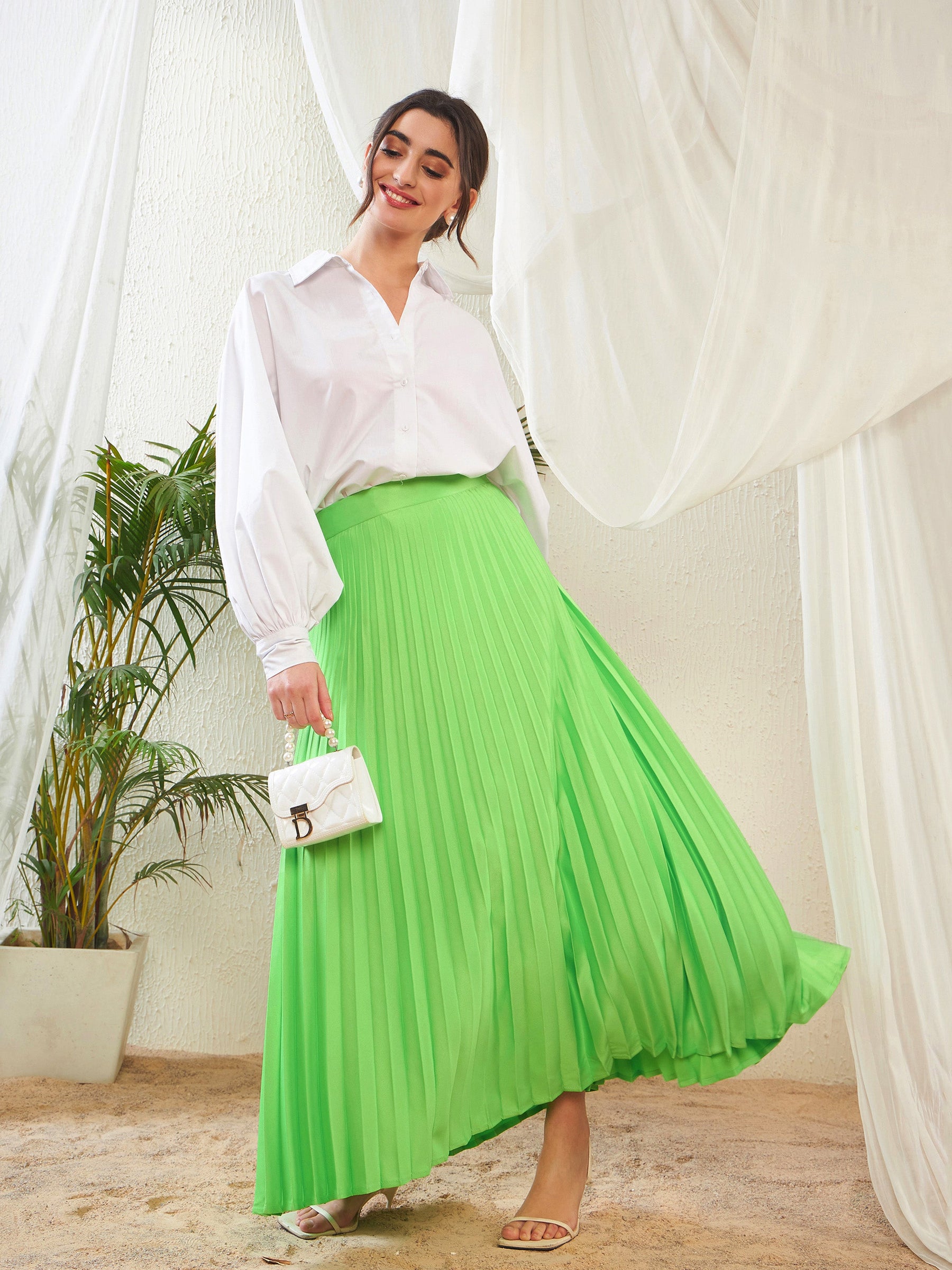 Womens Skirt Green Pleated Long Skirt Olive Green Pleated Skirt