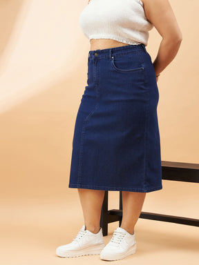 Navy Denim Acid Wash A-Line Skirt-SASSAFRAS Curve