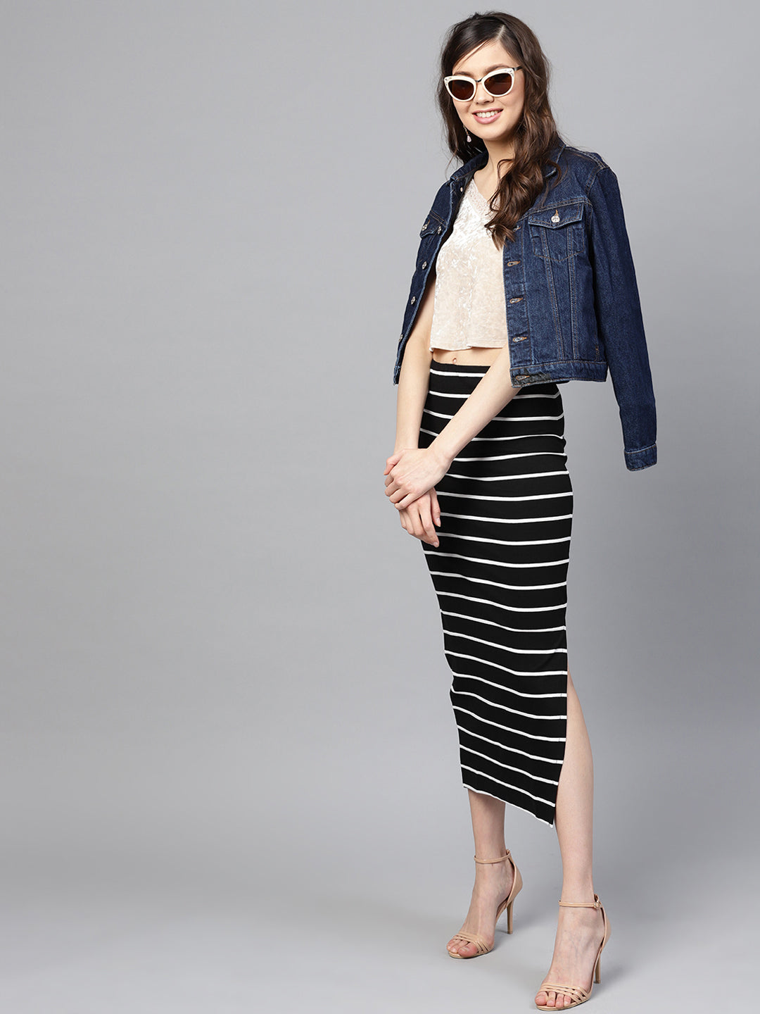 Black White Stripe Maxi Pencil Skirt - Main Image