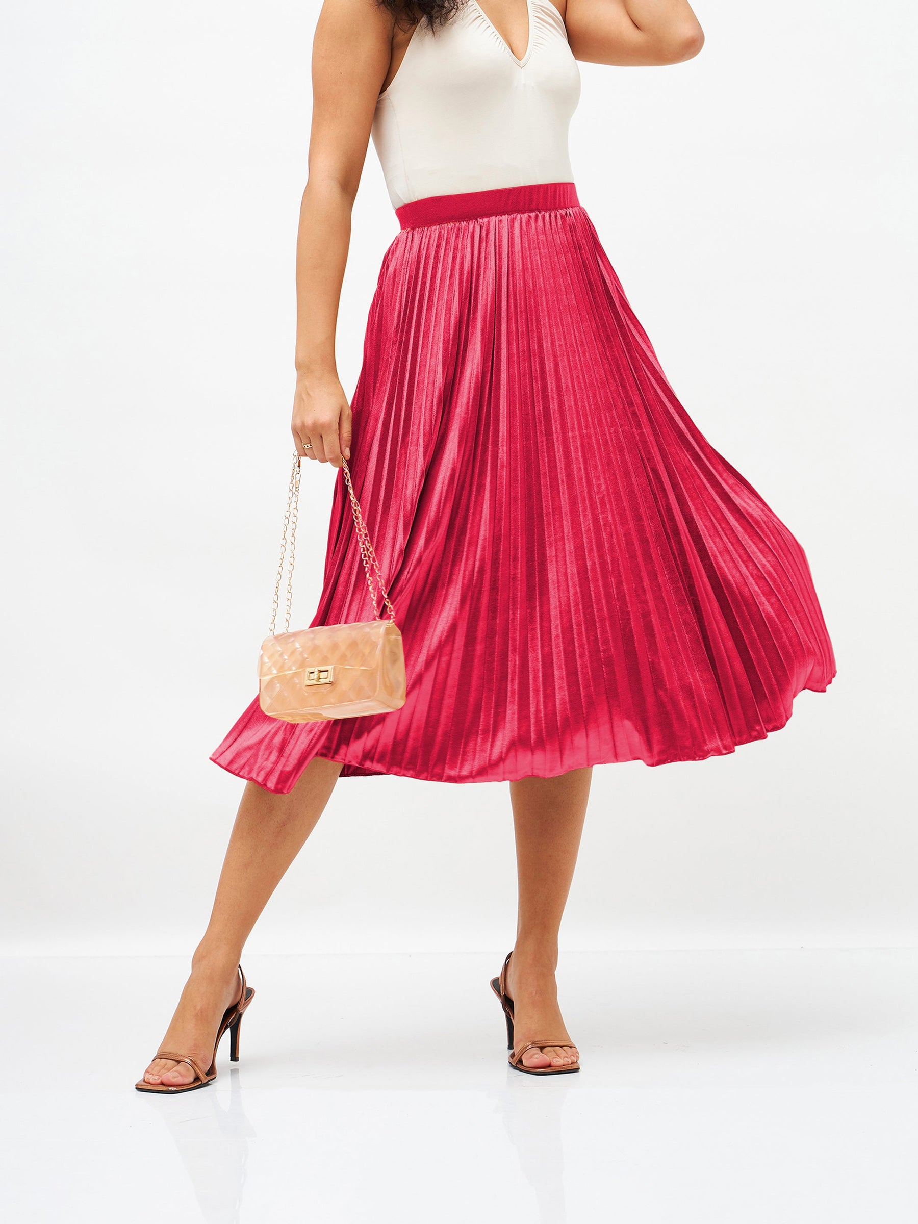 Pink Velvet Pleated Skirt-SASSAFRAS