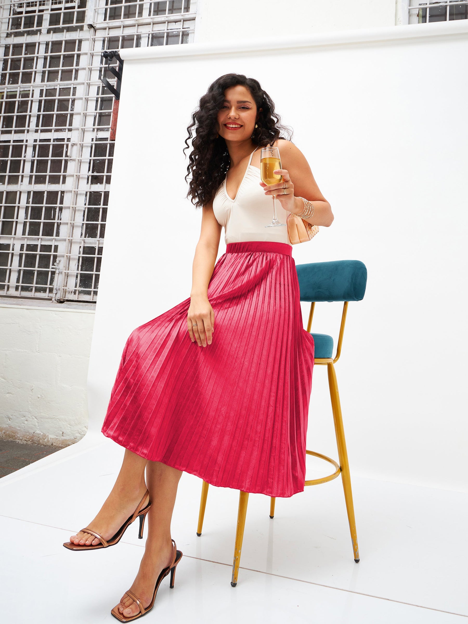 Women Pink Velvet Pleated Skirt - Main Image