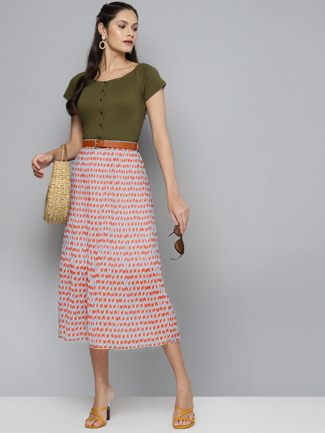 Orange Arrow Geo Print Belted Skirt