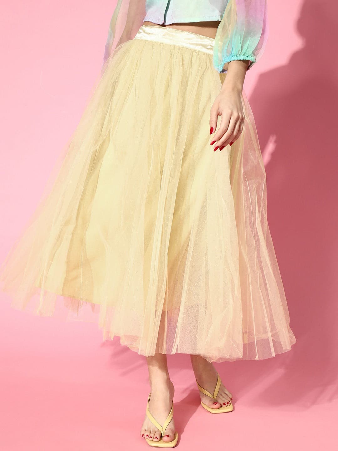 Women Yellow Plain Tulle Skirt-Skirts-SASSAFRAS