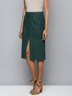 River Island faux suede wrap front pencil skirt in light camel  ASOS