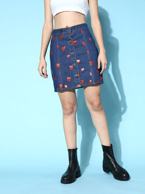 Women Blue Denim Red Heart Print Mini Skirt