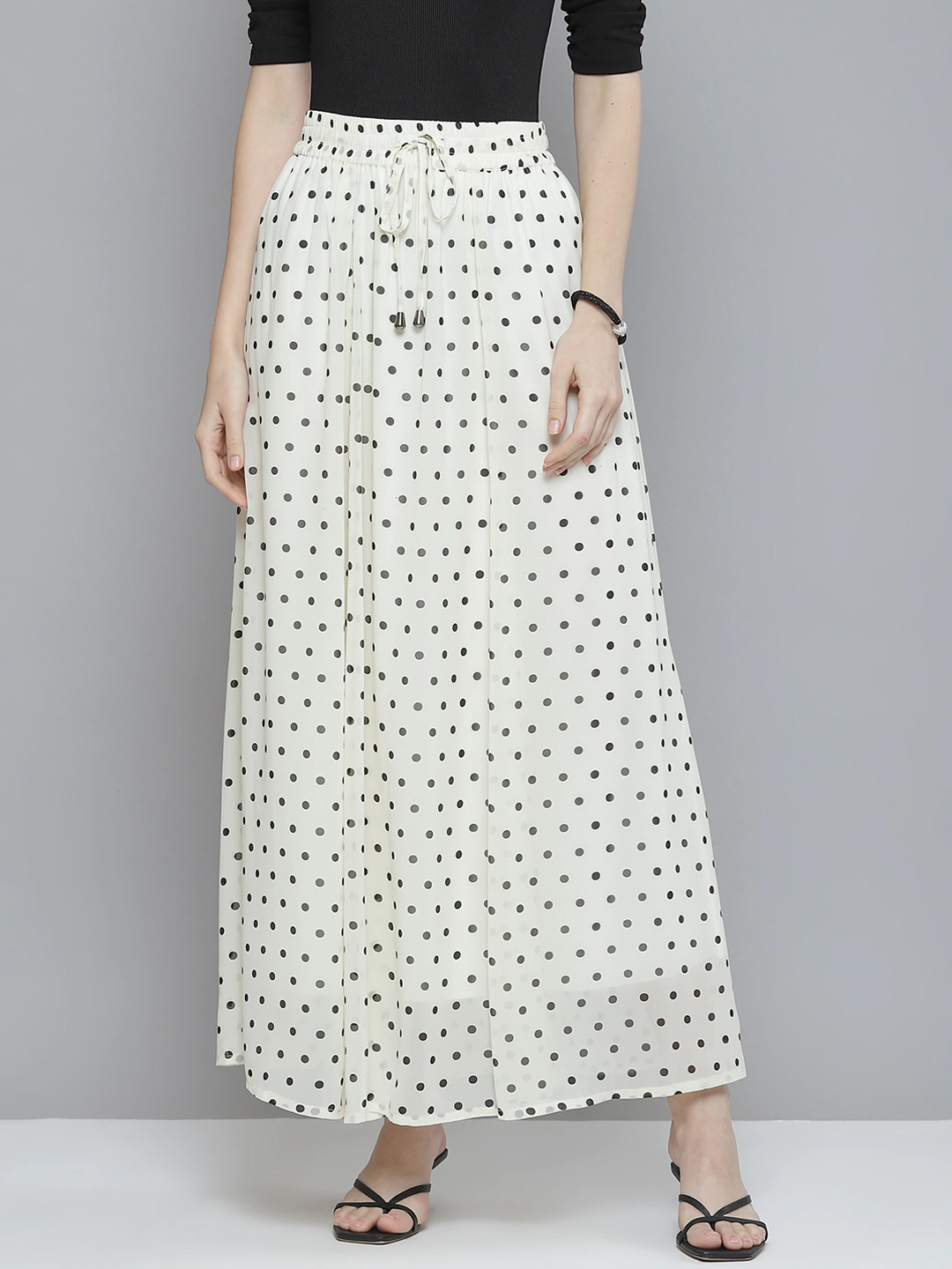 Women White With Black Polka Dot Maxi Skirt-Skirts-SASSAFRAS