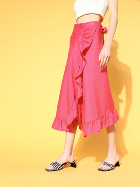 Women Fuchsia Wrap Frilly Skirt