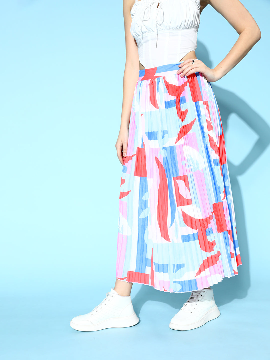 Women Multicolour Pink Abstract Print Pleated Skirt