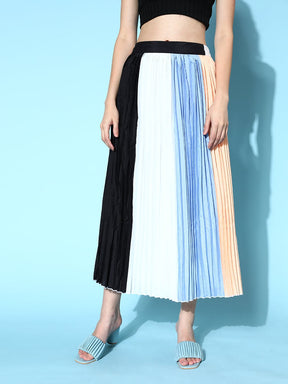 Women Blue & Beige Colour Block Pleated Skirt-Skirts-SASSAFRAS