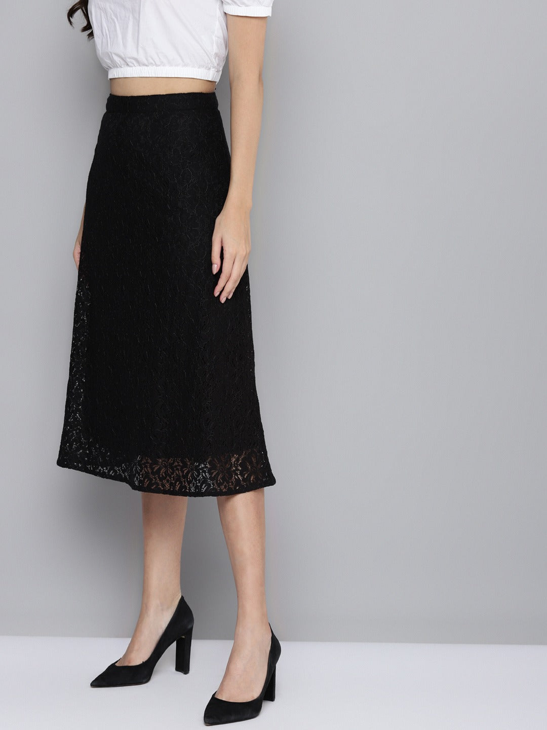 Women Black Lace A-Line Skirt