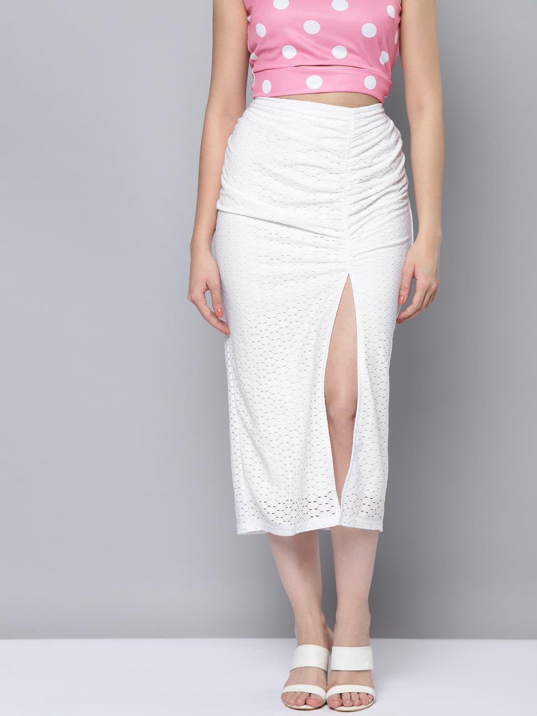Women White Schiffli Side Ruched Skirt-Skirts-SASSAFRAS