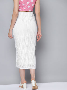 Women White Schiffli Side Ruched Skirt