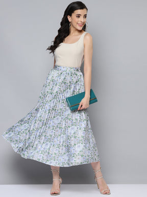 Women Green Floral Pleated Skirt