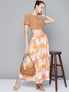 Women Mustard Floral Pleated Skirt