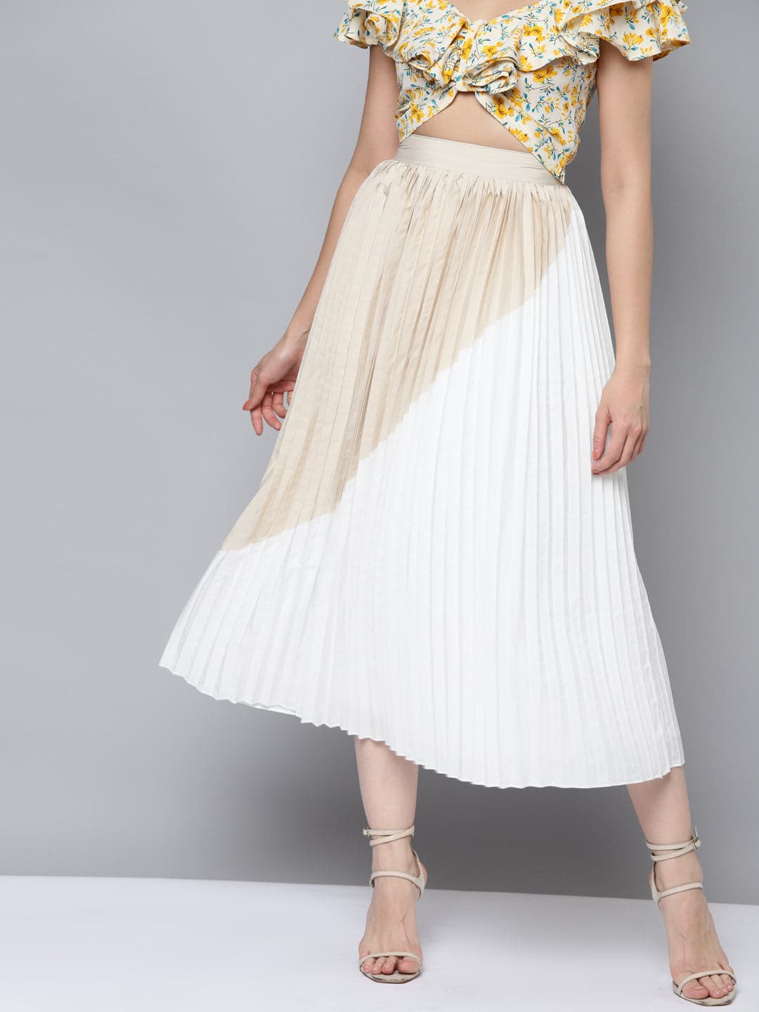 Women Beige & White Colour Block Pleated Skirt-Skirts-SASSAFRAS