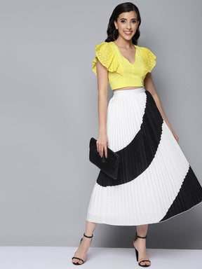 Women White & Black Colour Block Pleated Skirt-Skirts-SASSAFRAS